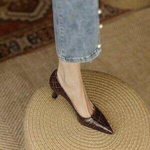 FOWT Simple Solid Croc-Embossed Pointed Toe Black Pumps for Women Dressy Brown